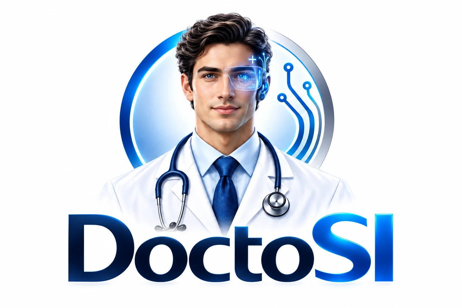 Logo DoctoSI : médecin humain augmenté d’une interface de superintelligence, stéthoscope et cravate bleue